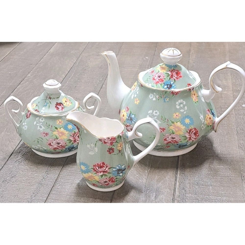 Gracie China Floral Tea Set Teapot Sugar Creamer Green Gold Trim